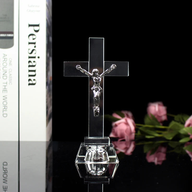 Christian Gifts Nightlight Crystal Jesus Cross Statue Religious Style Crystal Cross Church Decoration Home Decor Craft Ornament