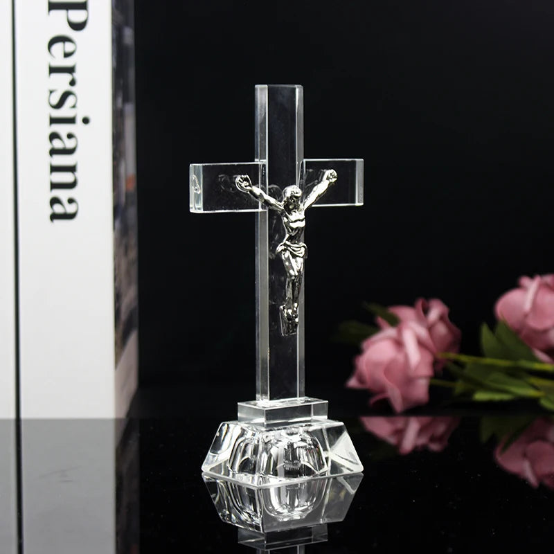 Christian Gifts Nightlight Crystal Jesus Cross Statue Religious Style Crystal Cross Church Decoration Home Decor Craft Ornament