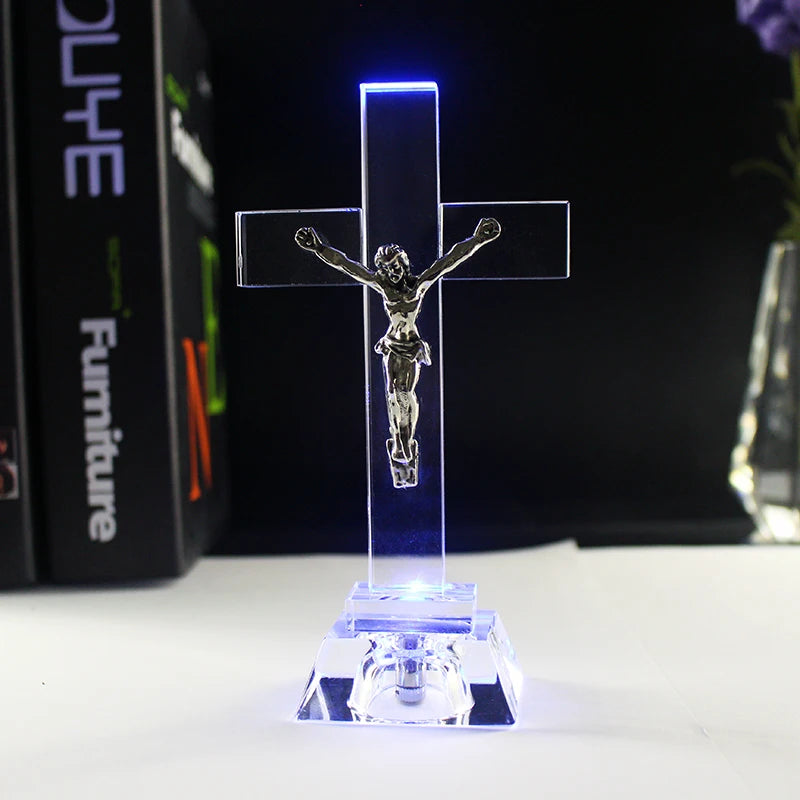 Christian Gifts Nightlight Crystal Jesus Cross Statue Religious Style Crystal Cross Church Decoration Home Decor Craft Ornament